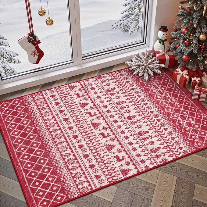 2025 Christmas Door Mat, 2x3 Small Red Rugs for Entryway, Low Pile Xmas Kitchen Rugs Non Slip Washable, Thin Bathroom Rugs Fit Under Door, Winter Holiday Accent Rug for Entry Bedroom