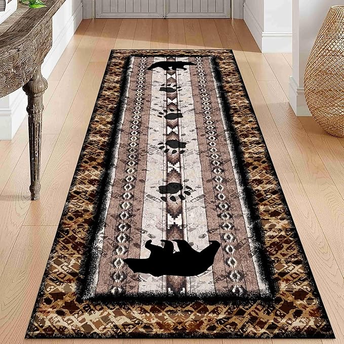 Unique Wildlife Runner Rug, 2.6x7ft, Bear Border Design Area Rug, Rustic Log Cabin Runner for Entryway, Rubber Backing Durable Floor Rug, Vintage Western Decoration, Fade-Resistant Print Carpet
