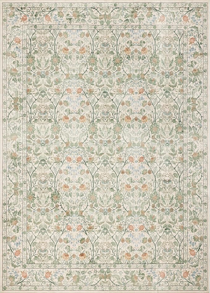 Washable Living Room Rug: 8x10 Boho Floral Soft Area Rug for Bedroom Decor - Vintage Low Pile Thin Carpet for Dining Room Non-Slip - Farmhouse Stain Resistant Rugs - Beige Green