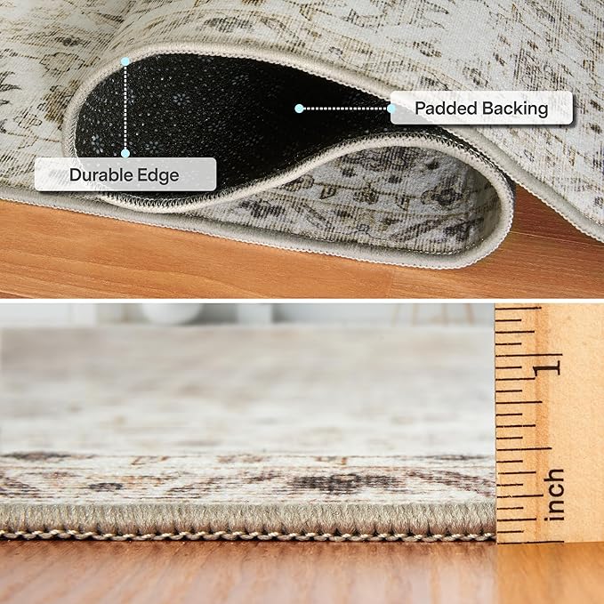 ReaLife Rugs Machine Washable Area Rug - Living Room Bedroom Bathroom Kitchen Entryway Office - Padded Low Pile Stain Resistant Premium - Boho Farmhouse Vintage - Joy - Beige Ivory 4' Round