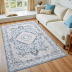 3x5 Area Rug for Bedroom, Machine Washable Rugs with Non-Slip Backing for Living Room, Soft Vintage Carpet Kitchen Laundry Kids Room Decor, Blue & Beige