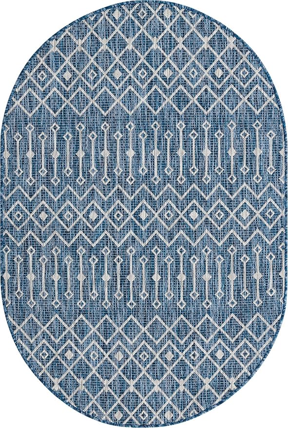 Unique Loom Outdoor Trellis Collection Area Rug - Tribal Trellis (4' 1" x 6' 1" Oval, Blue/ Ivory)