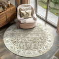 jinchan Fiora Round Rug 4ft Area Rugs Vintage Floral Distressed Design - Machine Washable Non-Slip Low-Pile Ultra-Thin Circle Rug for Entryway Bedside Living Room Dining Room Bedroom (4' Round, Taupe)