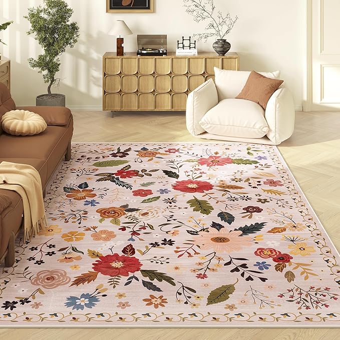 Living Room Rug 6x9 Rug Machine Washable Boho Area Rug Non Slip Floral Vintage Low Pile Large Rugs for Living Room, Bedroom, Farmhouse, Dining Room (Beige)