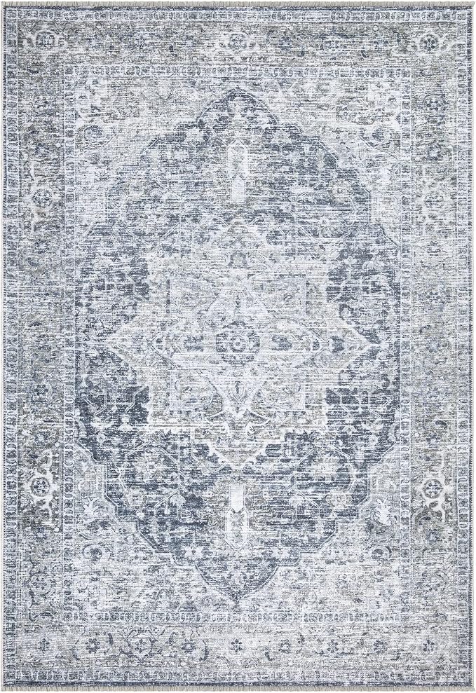Bloom Rugs Caria Washable Non-Slip 8x10 Rug - Gray/Dark Blue Traditional Area Rug for Living Room, Bedroom, Dining Room, and Kitchen - Exact Size: 7'8" x 10'