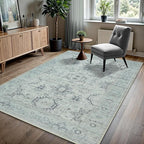 GLN Rugs Traditional Collection - Machine Washable Area Rug, Traditional Washable, Non Slip, Low Pile Chenille Rug, Living Room, Bedroom, Kitchen Rug (4' x 6' Cream/Gray/Sea Salt)