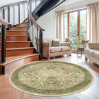 6ft Round Area Rugs for Living Room, Washable Floral Circle Rug Non Slip Low Pile, Vintage Boho Botanical Birds Throw Carpet for Farmhouse, Bedroom, Dining Room, Retro Pink/Green