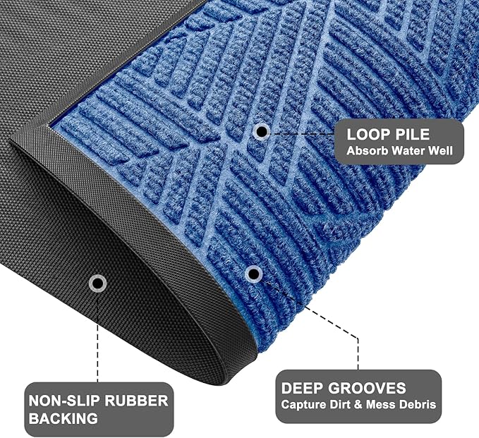 Kitinjoy Front Door Mat Outside Entrance, Sturdy Natural Dirt Trapper, Heavy Duty Rubber Doormat, Low Profile Non-Slip Backing, Easy Clean Floor Mat for Indoor Outdoor Entry, 47X32 Inch, Blue