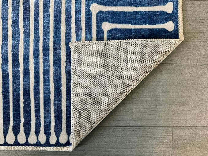 GLN Rugs Contemporary Collection - Machine Washable Area Rug, Contemporary Washable, Non Slip, Low Pile Chenille Rug, Living Room, Bedroom, Kitchen Rug (4' x 6' Lines Blue)