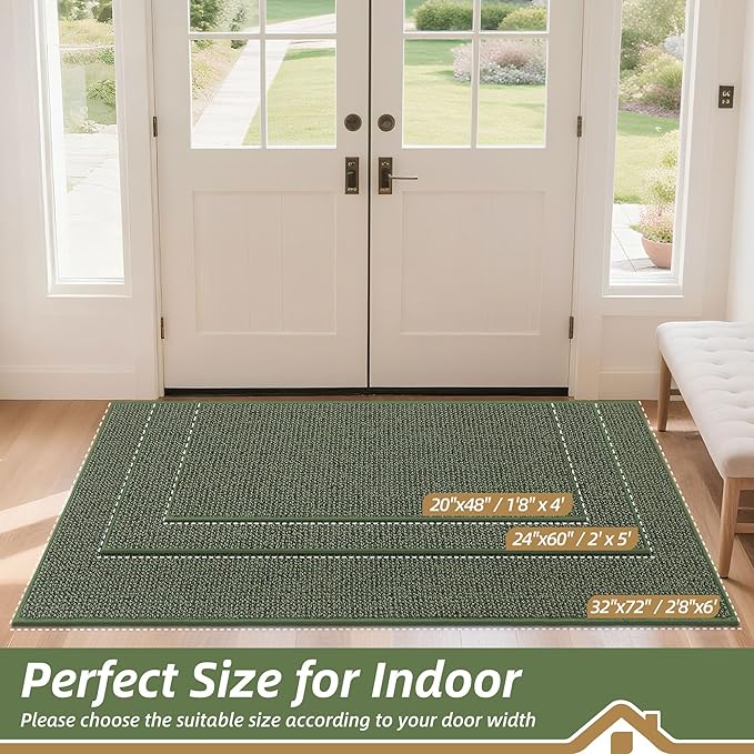BEQHAUSE Dirt Trapper Door Mat 32" x 72", Non-Slip Washable Doormats Entrance Mat, Dirt Resistant and Absorbent Welcome Mat, Low Profile Floor Mats for Front Back Door and Entryway, Green