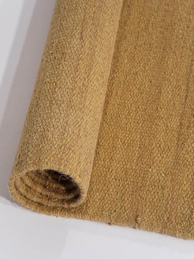 Rugsotic Carpets Hand Woven Flat Weave Kilim Wool ECO-Friendly Area Rugs - 5'x8', Rectangle Shape, Gold Color, Solid Plain Design, Low Pile Handmade Area Rugs for Living Room, Bed Room (D00111)