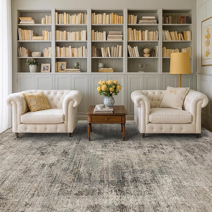 Farmhouse Brown Rugs for Living Room 8x10 - Taupe Rustic Minimalist Area Rug for Dining Room, Large Bedroom, Washable Foldable Dark Academy Décor