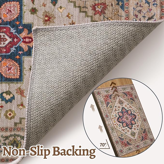 Tangsoo Vintage Small Rug 2x3 Washable Rugs for Entryway Non-Slip Oriental Low Pile Rug for Front Door, Kitchen, Indoor, Accent Throw Small Area Rug, Door Mat for Entrance, Soft Boho Beige/Red