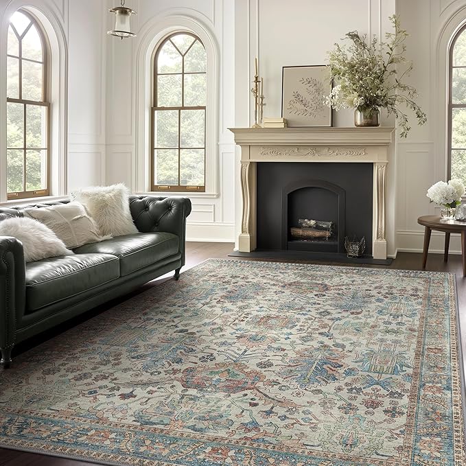 Area Rugs 8x10 Clearance Washable Boho Rug for Bedroom Living Room, Non Slip Thin Low Pile Chenille Carpet for Dining Room,Vintage Farmhouse, Blue/Ivory