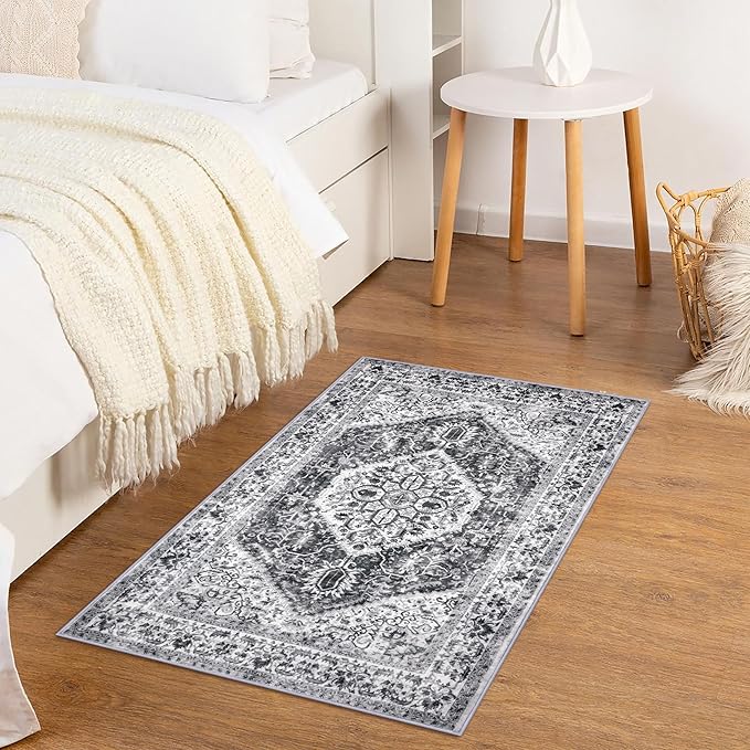 KOZYFLY Small Area Rug 2x3 Ft Rugs for Entryway Washable Entry Rug Non Slip Door Mat Indoor Entrance Printed Faux Wool Vintage Kitchen Rug Throw Rugs for Entrance Kitchen, Grey
