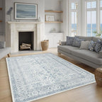 FMFUNCTEX 4x6 Washable Area Rug Blue Neutral Vintage Non Slip Low Pile Traditional Indoor Carpet for Entryway Living Room Bedroom Soft Retro Floral Mat Throw Rug for Dining Office Kitchen Entryway