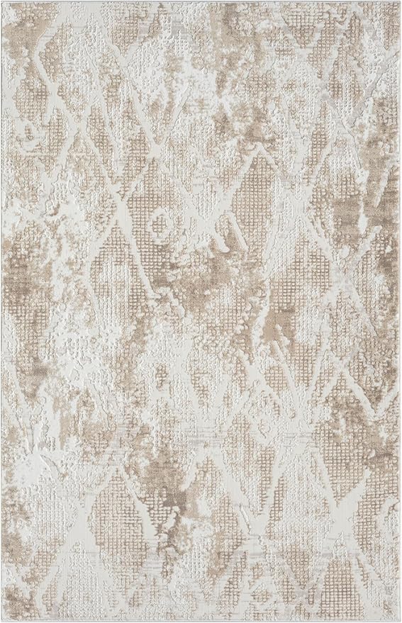 Adel Modern Area Rug for Living Room, 4x6 Rustic Distressed Abstract Beige Neutral Rug, Medium Pile Stain Resistant Carpet for Bedroom, Dining Room or Kitchen (4' x 6', Beige)