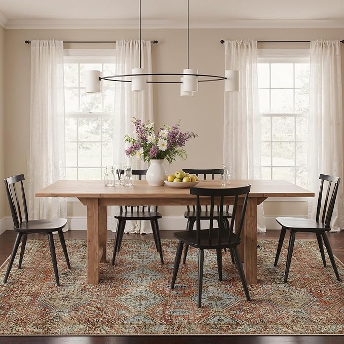 Bavni 8x10 Area Rugs for Living Room, Machine Washable Rug Non Slip, Vintage Chenille Distressed Print Carpet, Large Low Pile Ultra-Thin Lightweight Rugs for Bedroom, Dining Room, Office, Spice Sky