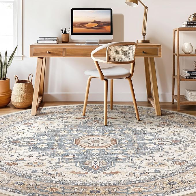Round Rug Living Room Rugs: 8Ft Washable Boho Neutral Large Circle Soft Indoor Distressed Stain Resistant Floor Farmhouse Carpet for Bedroom Nursery Kids Playroom Office Dining Room Dorm- Beige Blue