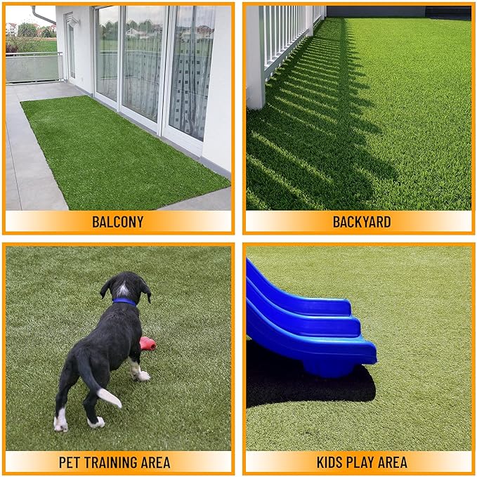 Ottomanson 6'6" x 47' Artificial Faux Grass Rug - Realistic Turf with UV Protection - Perforated for Easy Drainage - Durable, Hose-Off Synthetic Lawn Carpet for Indoor & Outdoor Use, Green