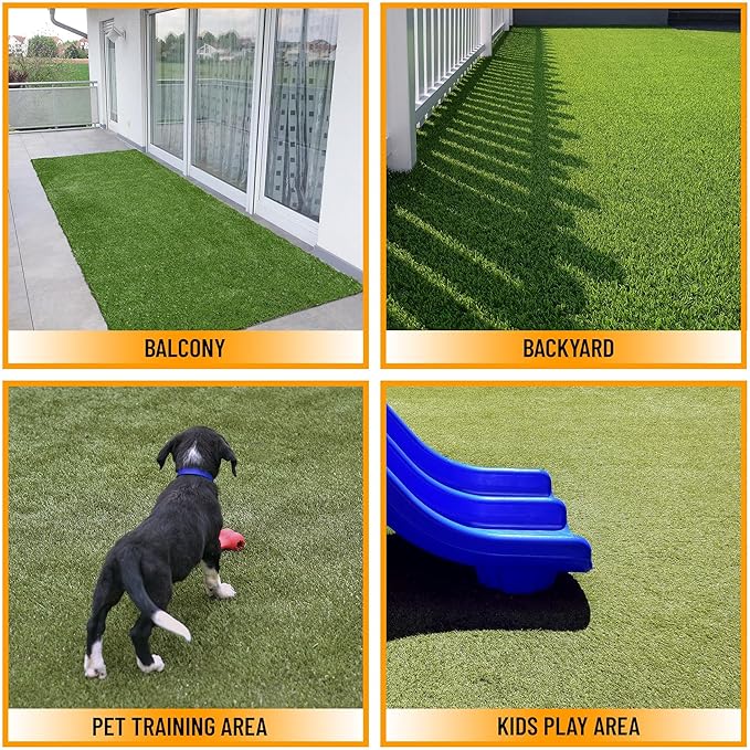 Ottomanson 6'6" x 13' Artificial Faux Grass Rug - Realistic Turf with UV Protection - Perforated for Easy Drainage - Durable, Hose-Off Synthetic Lawn Carpet for Indoor & Outdoor Use, Green