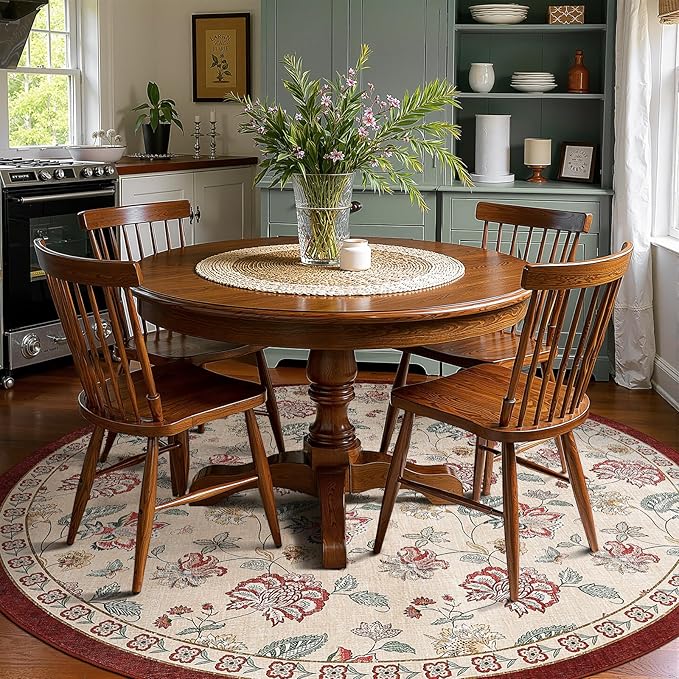 jinchan Elora 7ft Floral Round Rug for Dining Room Washable Living Room Rug Vintage Romance Design Non Slip Indoor Floor Cover Lightweight Low-Profile Throw Carpet for Bedroom Porch Patio, Red/Beige
