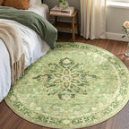 Area Rugs 6ft Washable Non-Slip, Floral Vintage Distress Print Pattern Medallion Carpet for Living Room Bedroom Dining Room, Sage Green Yellow