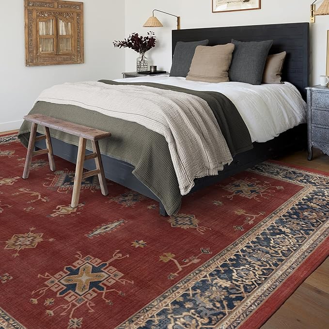 RUGGABLE Washable Vintage Area Rug – Verena Amber Red 8x10, Stain-Resistant, Non-Slip – Large Machine Washable Rugs for Living Room, Bedroom, Hallway, Entryway & Office–with Standard Pad