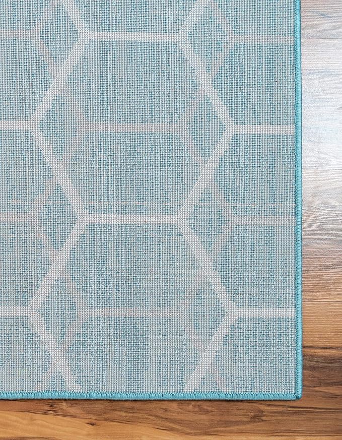Rugs.com Lattice Trellis Collection Rug – 10 Ft Runner Blue Low-Pile Rug Perfect for Hallways, Entryways