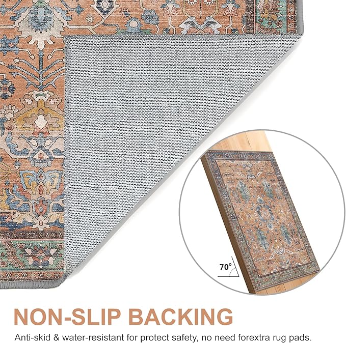 Area Rugs 8x10 Clearance Washable Boho Rug for Bedroom Living Room, Non Slip Thin Low Pile Chenille Carpet for Dining Room,Vintage Farmhouse, Terracotta/Blue