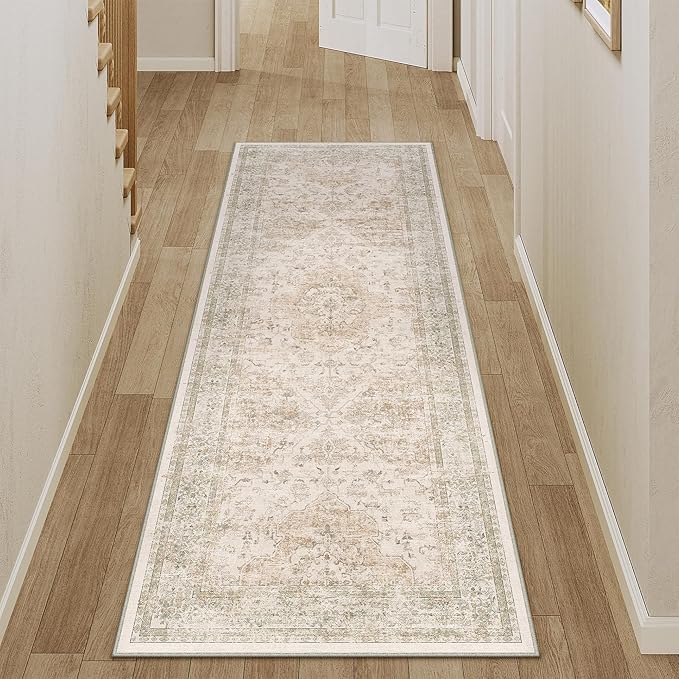Hallway Runner Rug 2x6 Washable Beige Vintage Distressed Long Runner Oriental Soft Thin Indoor Carpet Non Slip Low Pile Throw Rug for Kitchen Bedroom Laundry Bedside Entryway