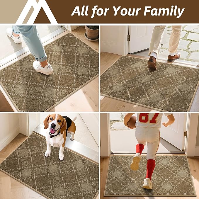 COSY HOMEER Plaid Door Mat 32" x 48",Dirt Trapper Entryway Rugs,Non-Slip Washable Farmhouse Doormat,Low Profile Welcome Mats for Paws Taupe