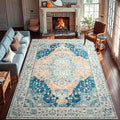 YJ.GWL Area Rugs for Living Room 8x10 Machine Washable Rugs, Non Slip Floral Vintage Rug Indoor Carpet, Stain Resistant Large Rug for Bedroom Dining Room, Dark Blue