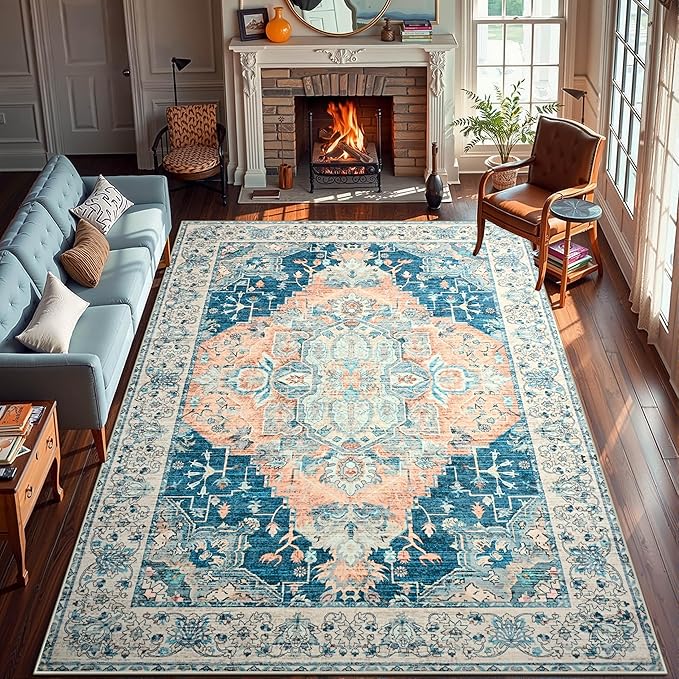 YJ.GWL Area Rugs for Living Room 9x12 Machine Washable Rugs, Non Slip Floral Vintage Rug Indoor Carpet, Stain Resistant Large Rug for Bedroom Dining Room, Dark Blue