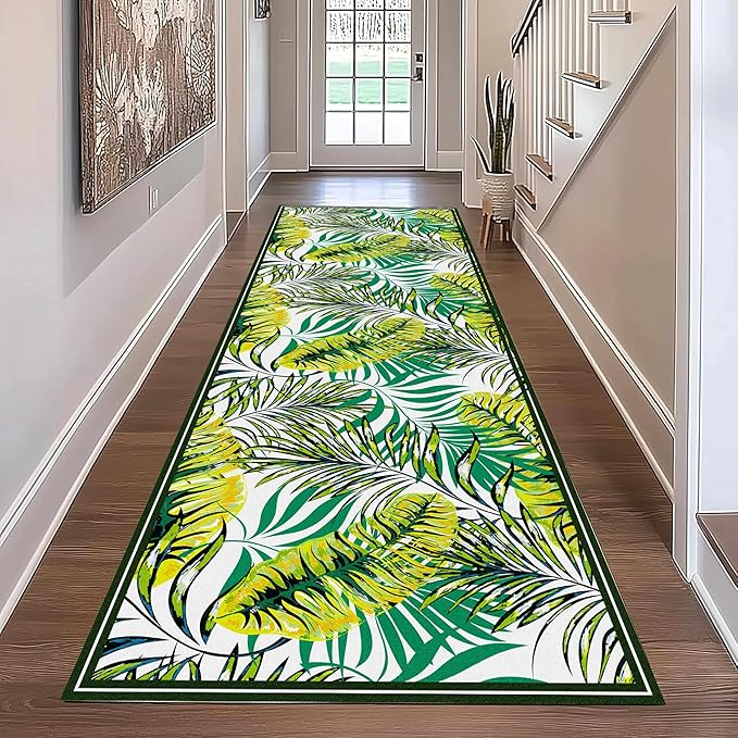 Green Botanical Tropical Leaves Rug 1.3x7ft - Non-Slip Washable Runner, Soft Durable Floor Mat for Hallway, Kitchen, Bedside, Entryway Home Decor
