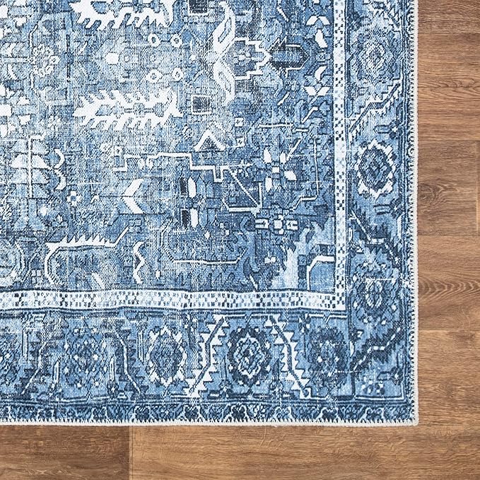 Bloom Rugs Washable Non-Slip 4' x 6' Rug - Blue Traditional Area Rug for Living Room, Bedroom, Dining Room, and Kitchen - Exact Size: 4' x 6'