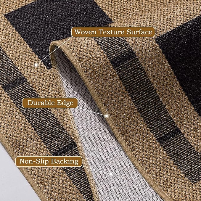Checkered Jute Rugs, 6x9 Large Washable Outdoor Patio Rug, Living Room Bedroom Dining Room Indoor Carpet, Non Slip Modern Farmhouse Design Neutral Geometric Porch Classroom Mat, Black and Brown
