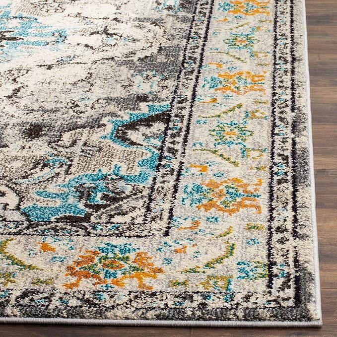 SAFAVIEH Monaco Collection Area Rug - 3' Square, Grey & Light Blue, Boho Chic Medallion Distressed Design, Non-Shedding & Easy Care, Ideal for High Traffic Areas in Living Room, Bedroom (MNC243G)