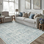 Vintage Area Rug 5x7 Blue Washable Living Room Large Carpet Non Slip Bedroom Indoor Office Low Pile Traditional Distressed Retro Accent Rug for Dining Room Bathroom Kitchen