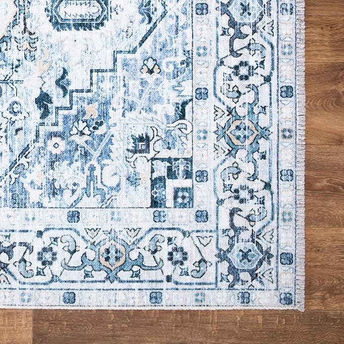 Bloom Rugs Caria Washable Non-Slip 8x10 Rug - Blue Traditional Area Rug for Living Room, Bedroom, Dining Room, and Kitchen - Exact Size: 7'8" x 10'