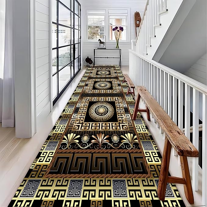Luxury Greek Key Runner Rug, 4x10ft, Black Gold Arabic Style Long Hallway Rug Runners, Modern Black Gold Rugs for Living Room, Easy Clean Pet Friendly Non-Slip Mat for Entryway Floor