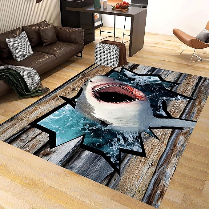 Sea Shark Kids Rugs, 8x10ft, Fierce Shark 3D Printed Carpet for Indoor, Marine Animals Broken Wooden Boards Realistic Effect Floor Mat, Dirty Resistant Machine Washable Carpets for Dorm