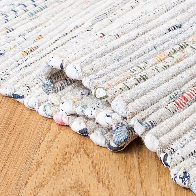 SAFAVIEH Rag Rug Collection Area Rug - 8' Square, Ivory & Multi, Handmade Boho Stripe Cotton, Ideal for High Traffic Areas in Living Room, Bedroom (RAR121G)