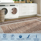 GarveeHome Large Washable Rug 9x12 Modern Geometric Non Slip Distressed Bordered Printed Rug, Soft Non Shedding Indoor Carpet, Low Pile Thin Foldable Mats for Open Spaces Offices, Brown