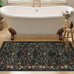 DUKINO 2x4 Rug for Entryway, Lightweight Washable Runner Rug with Non Slip Backing, Vintage Floral Low Pile Small Carpet Runner for Kitchen, Hallway, Entryway, Bathroom, Bedroom, Black