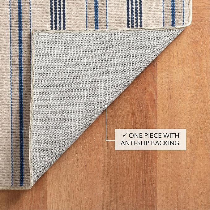 Dash and Albert Nimes Ticking Machine Washable Area Rug - 3' x 5' Neutral Stripe Washable Accent Rug - Durable, High Traffic Areas Kitchen, Mudroom, Hallways