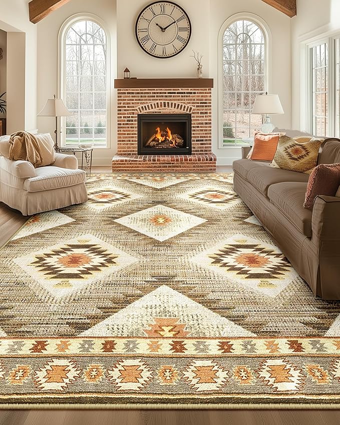Area Rug 7x9 Rug Machine Washable Non-Slip Low Pile Print Pattern Western Rug for Living Room Bedroom Entryway Tribal Series-Cream/Camel