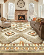Area Rug 10x14 Rug Machine Washable Non-Slip Low Pile Print Pattern Western Rug for Living Room Bedroom Entryway Tribal Series -Cream/Camel