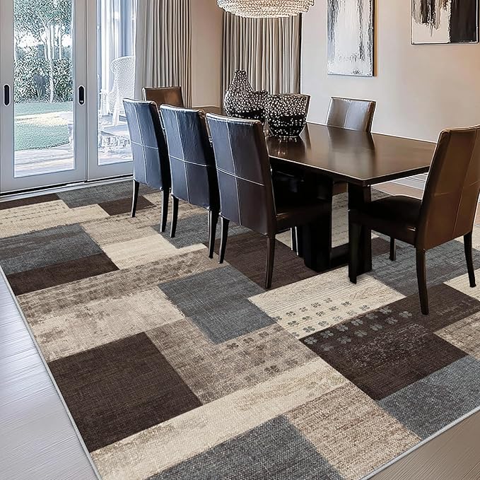 Modern Geometric Patchwork Indoor Area Rug for Living Room, Blue-Taupe 9'x 12' Large Rug Rockwood Collection Hardwood Floors Decor for Bedroom, Blue Throw Carpet for Office Entryway Dining Room