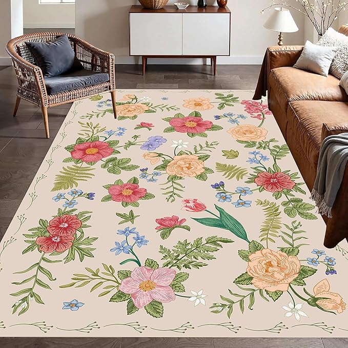 Rustic Flower Area Rug, 5x7ft, Classic Colorful Bohemian Floral Pattern with Beige Large Hall Botanical Rug, Non Slip No Crease Easy Care Girls Room Decor Carpet for Relax Room Bedroom